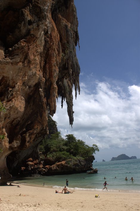 The overhanging limestone by the beach.